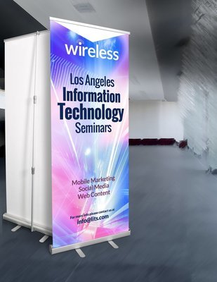 Retractable aluminum stand with larger 47"x80" indoor banner.