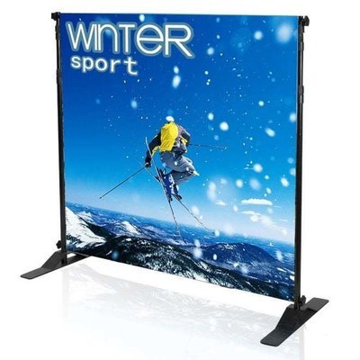 Telescopic backdrop banner stand with custom printed scrim vinyl banner
