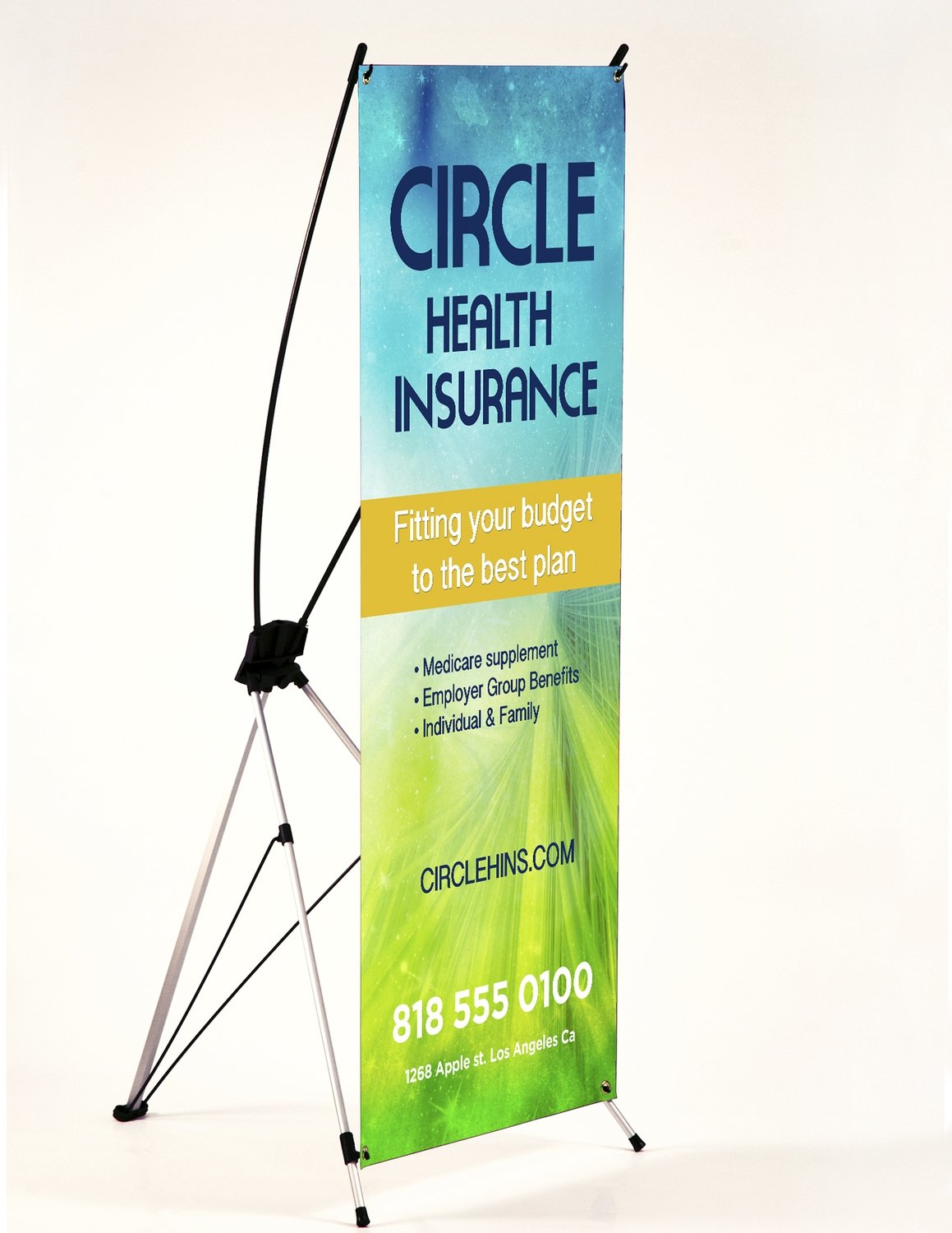 Collapsible X-style stand with printed 24"x60" indoor banner.
