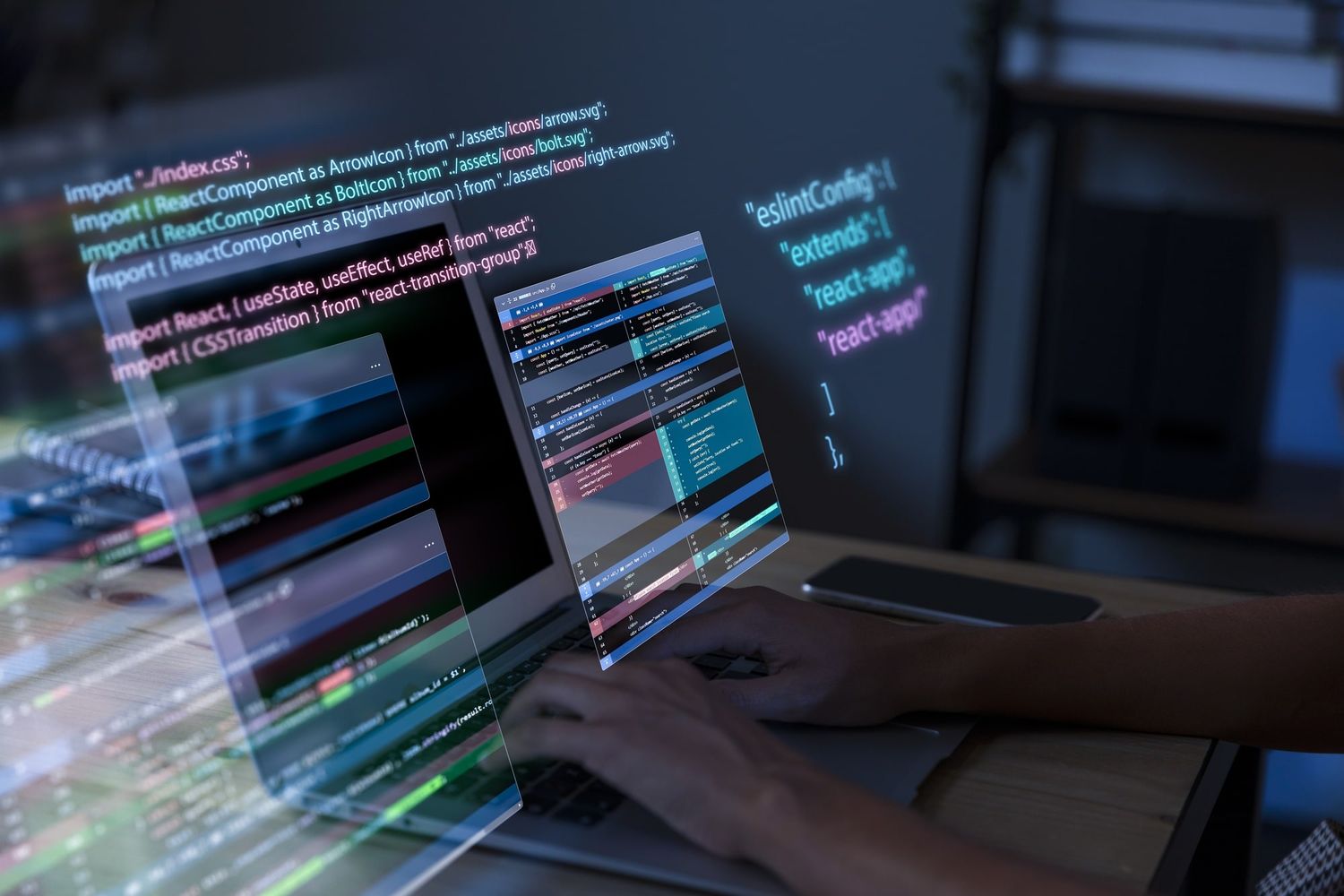 Technician reviewing website code on laptop – providing maintenance and troubleshooting services.