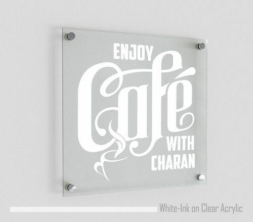 Custom acrylic office sign with clear glass-like finish and stand-offs