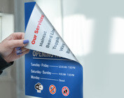Light adhesive window cling for semi-permanent window displays.