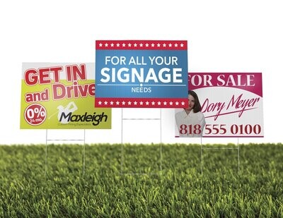 Corrugated plastic yard sign with lawn stakes, 1/4" thick.