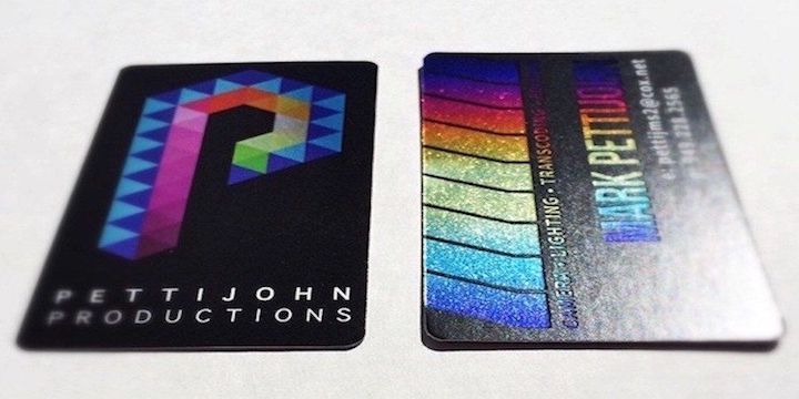 Verso Aquafoil business cards with multicolor foil accents on 16pt laminated stock
