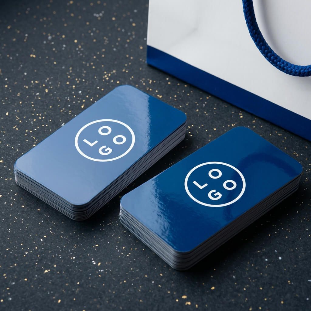 Gloss business cards with rounded corners and stacked finish – full color glossy business card printing high shine coating
