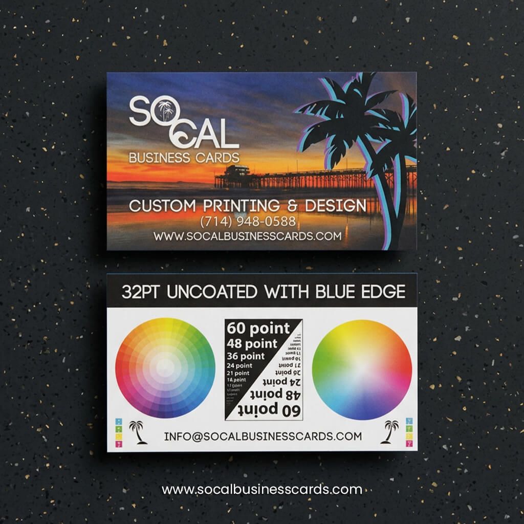 Uncoated business cards 32pt thick with custom blue edge – premium uncoated cardstock natural texture print finish
