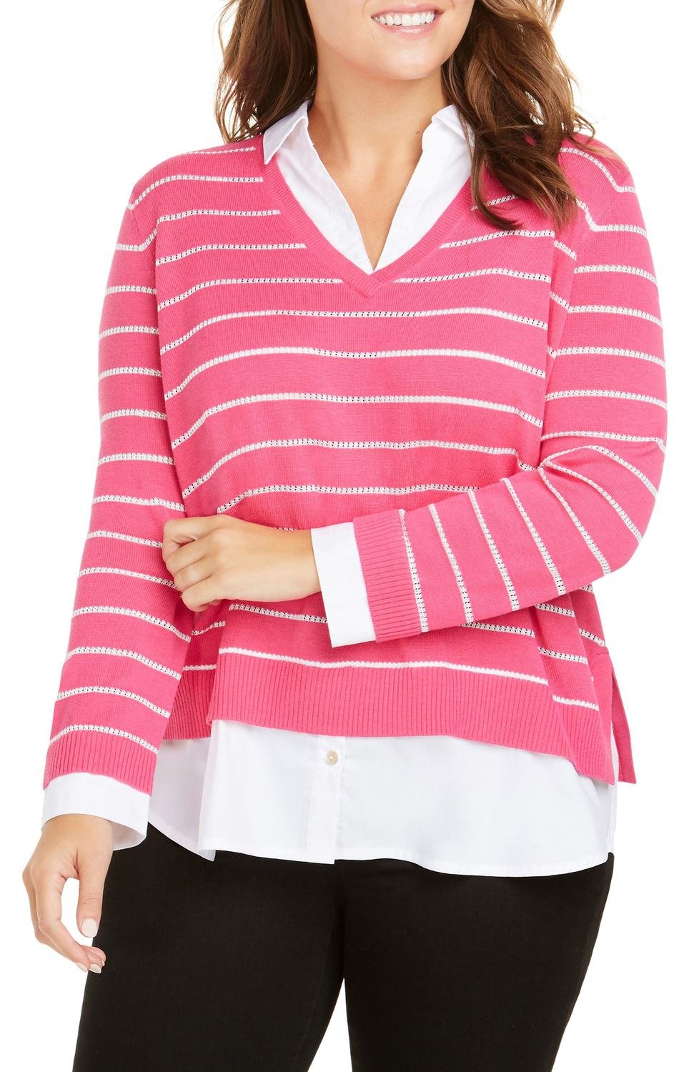 Dana Mix Media Stripe Sweater, Color: Sweet Rose, Size: 3X