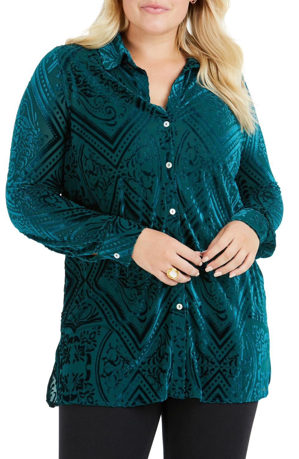 Jade Velvet Burnout Top, Color: Jeweled Teal, Size: 24W