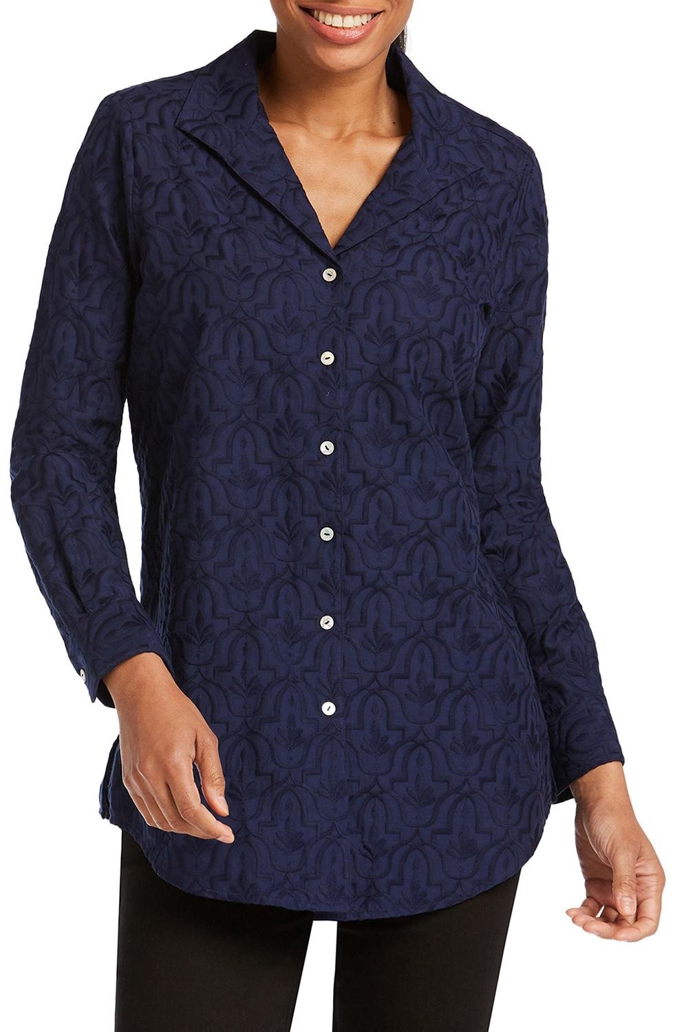Ivy Mosaic Embroidery Cotton Tunic Top, Color: Navy, Size: 10