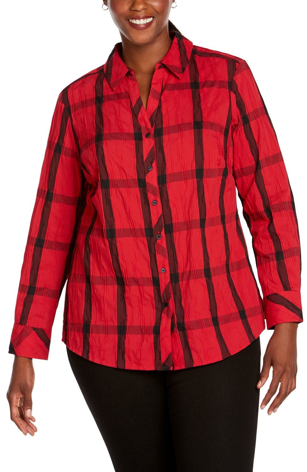 Mary Windowpane Wrinkle Free Shirt, Color: Red Lacquer, Size: 24W