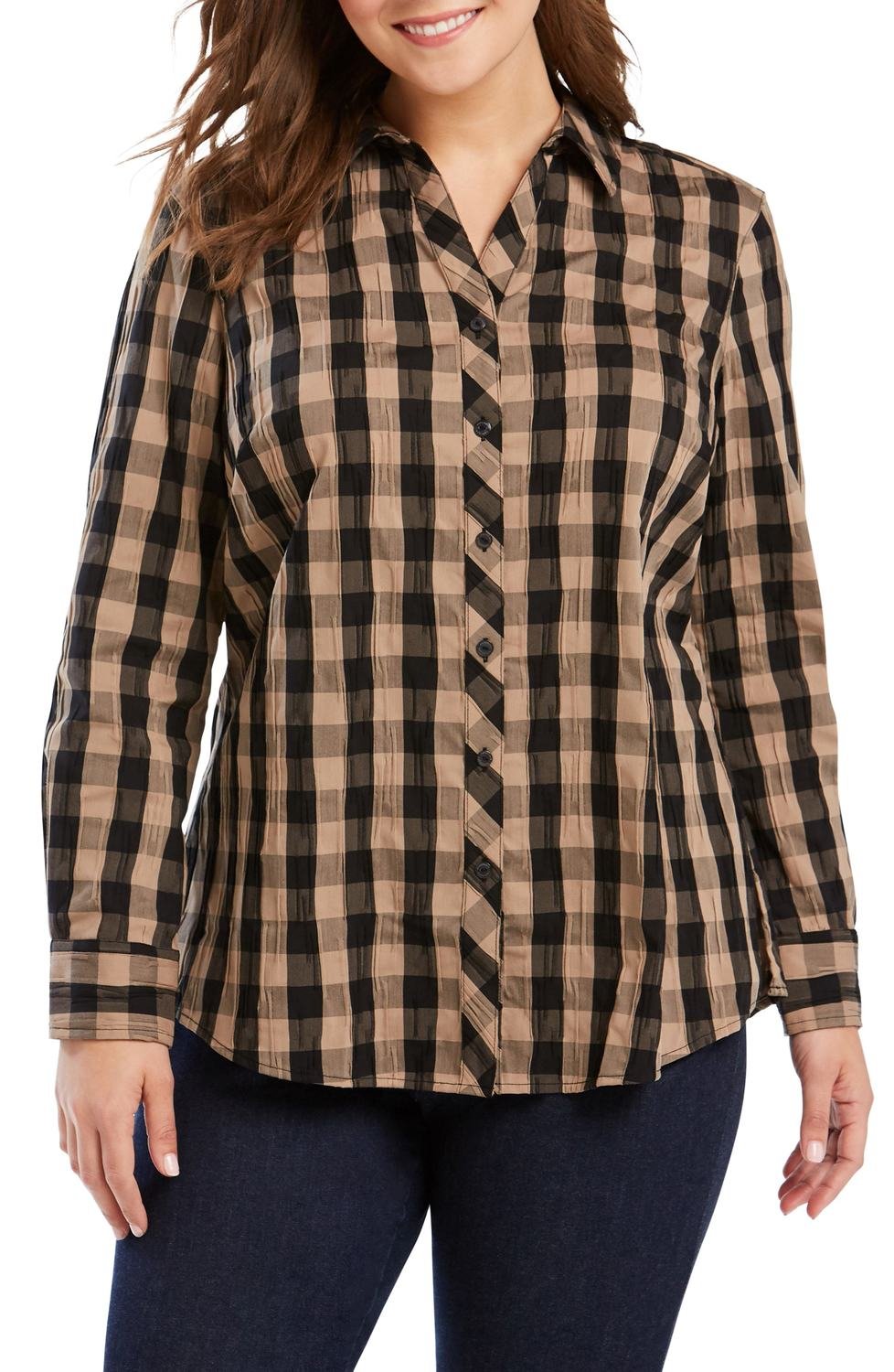Mary Buffalo Check Crinkle Shirt, Color: Almond Tart, Size: 24W