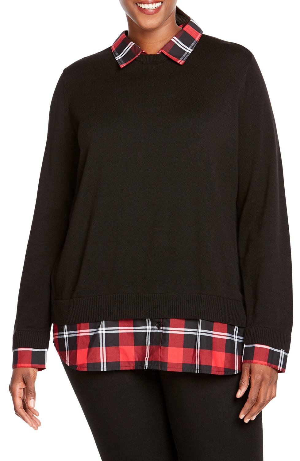 Shoshana Layered Look Sweater, Color: Black, Size: 3X