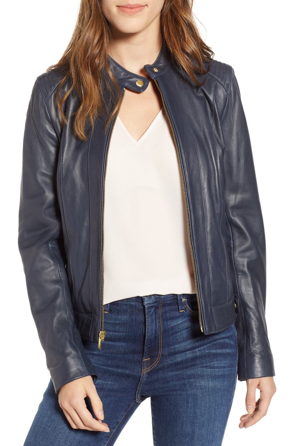 Leather Moto Jacket, Color: Navy, Size: X-Large