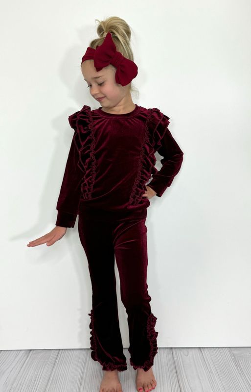 Velvet Ruffle Girls Set - Crimson