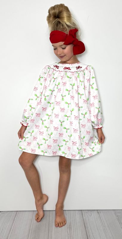 Bows &amp; Mistletoes Smocked Girls Dress