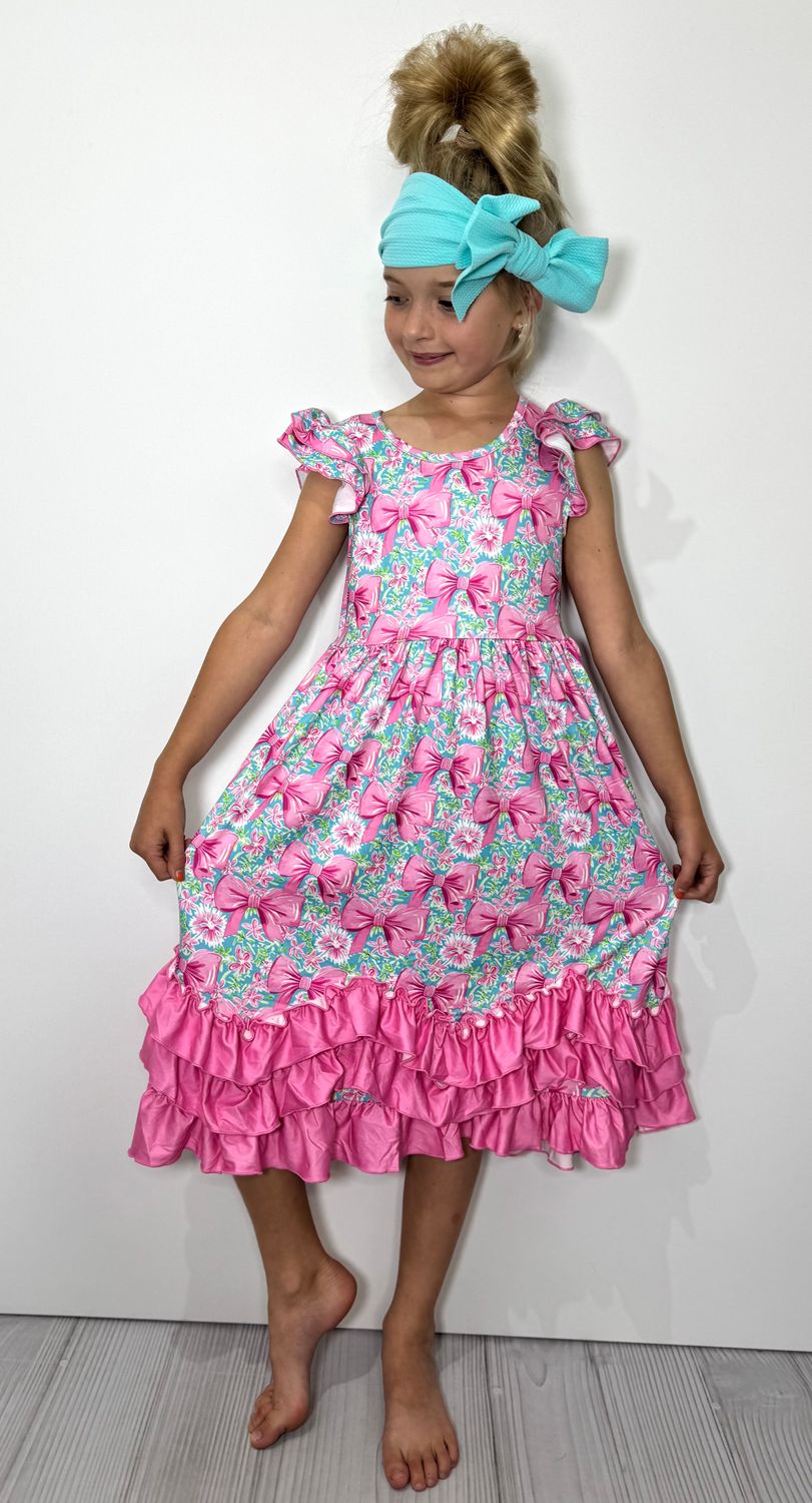 Aqua Spring Ribbon Maxi Girls Dress