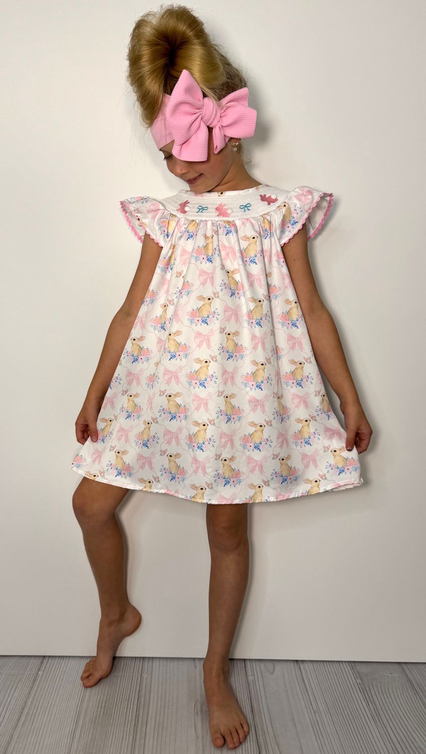 Bunny Bow Smocked Girls Dress
