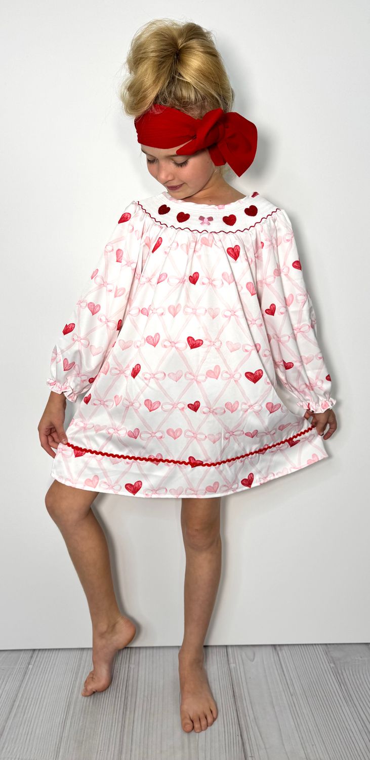 Bow Heart Smocked Girls Dress
