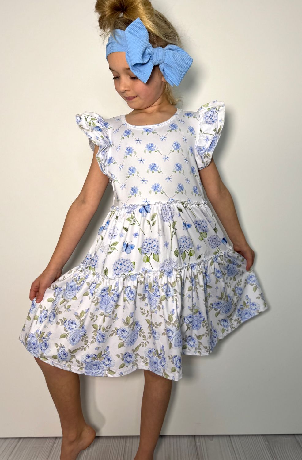 Blue Hydrangea Tier Girls Dress