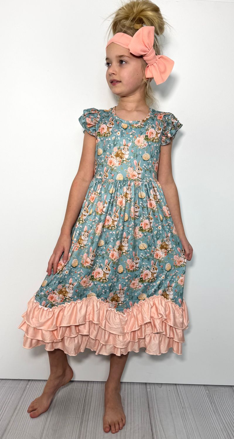 Teal Rabbit Maxi Girls Dress