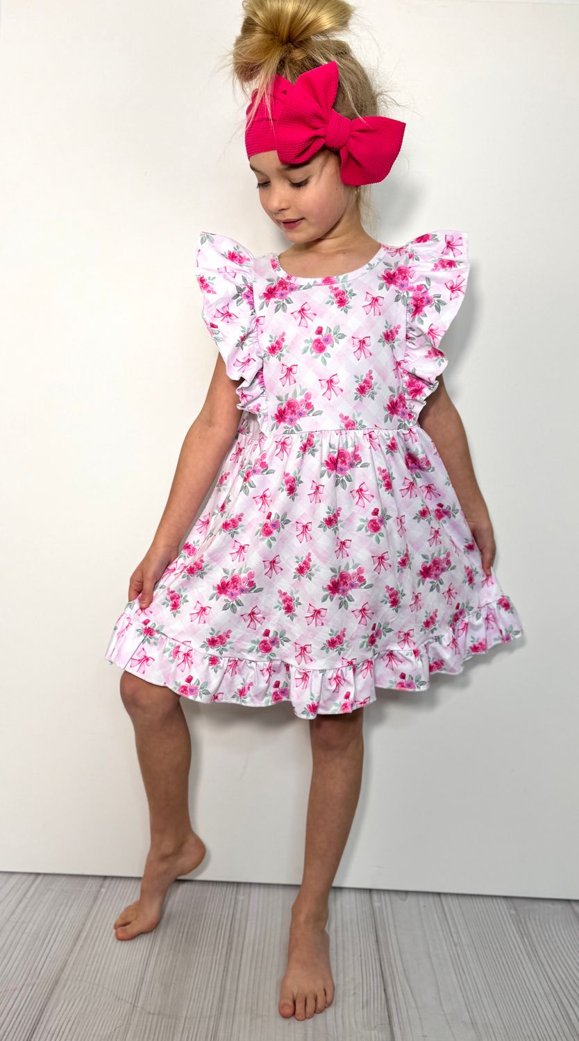 Floral Pink Lattice Girls Dress