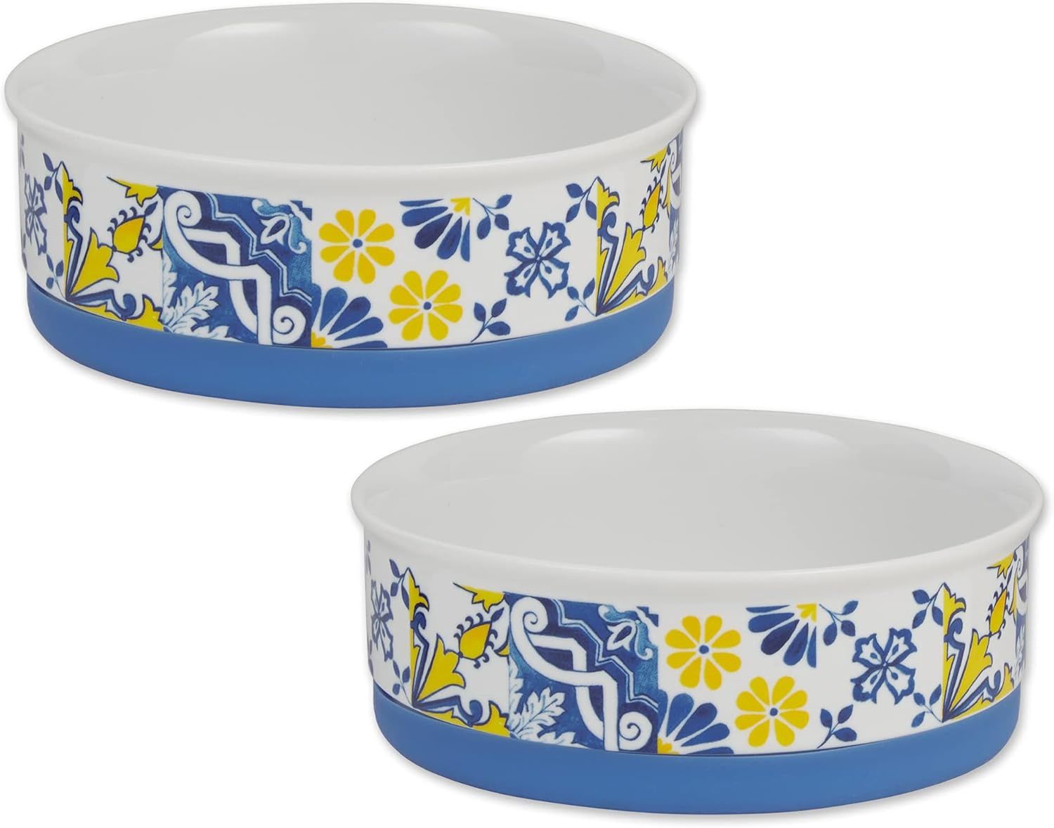 Bone Dry Ceramic Food Bowls, Non-Slip &amp; Dishwasher Safe, Medium Set, 6x2, Azulejos Tile, 2 Count
