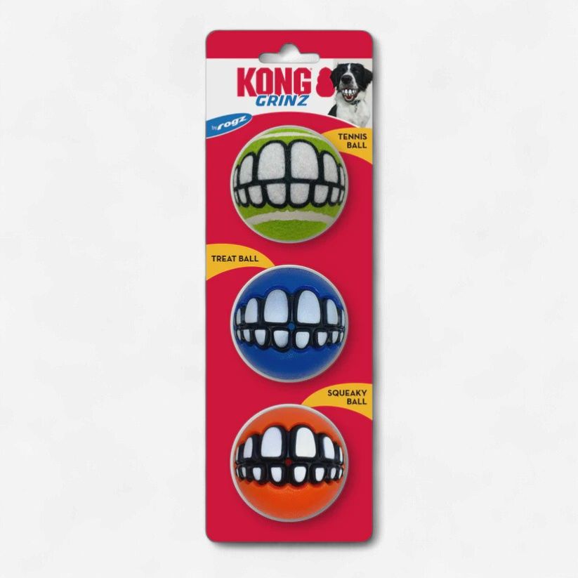 Kong  Grinz Ball Variety (3) Pack Tennis, Treat &amp; Squeaky Dog Fetch Toy 3pck