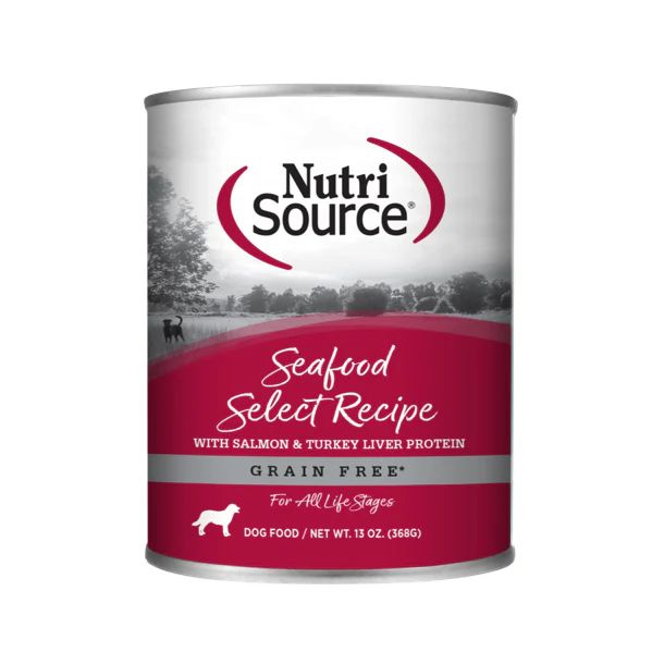 Nutrisource Seafood Select, grain-free, healthy wet dog food features salmon can