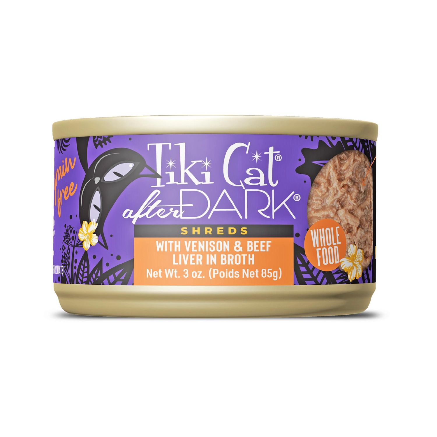 Tiki Cat After Dark Venison &amp; Beef Liver Grain-Free Shredded Wet Cat Food, 3-oz can, case of 12