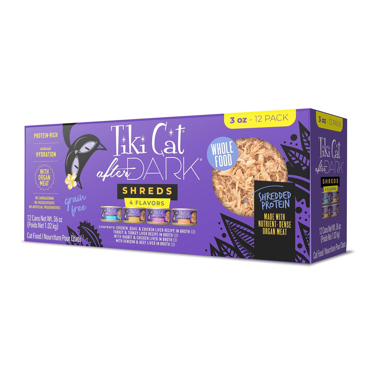 Tiki Cat After Dark Variety Pack Grain-Free Shredded Wet Cat Food, 3-oz can, case of 12 (Variety Pack)