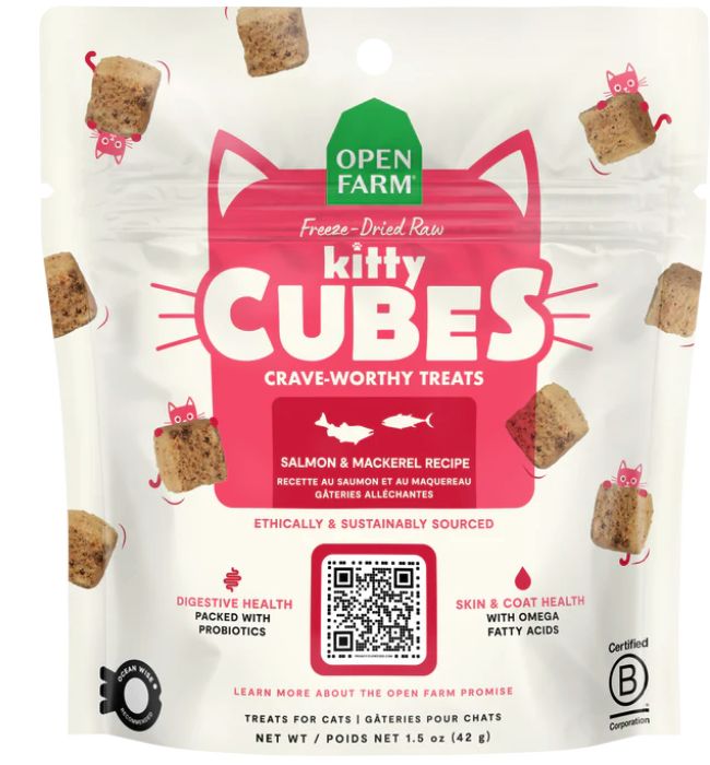 Open Farm Freeze-Dried Raw Kitty Cubes Cat Treats - Salmon &amp; Mackerel Recipe 1.5oz Bag