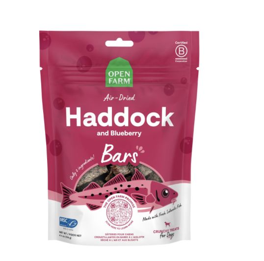Open Farm Air Dried Haddock And Blueberry Crunchy Dog Treat Bars 4.1oz Bag