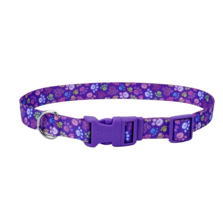 Coastal Styles Adjustable Dog Collar Purple Paws, 1ea/3/4In X 14-20 in