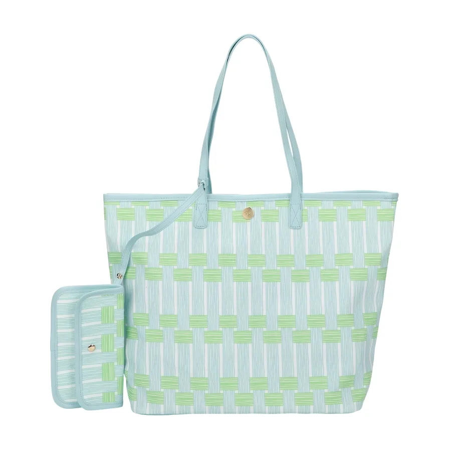 Blue Lattice Oversized Tote With Wallet