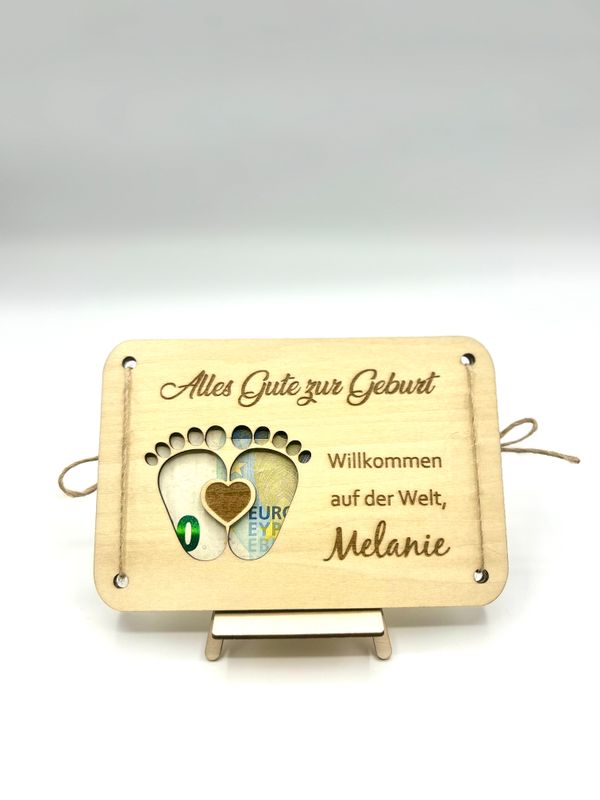 „Alles Gute zur Geburt" – liebevolle Holzkarte für Geldgeschenke zur Geburt - personalisierbar