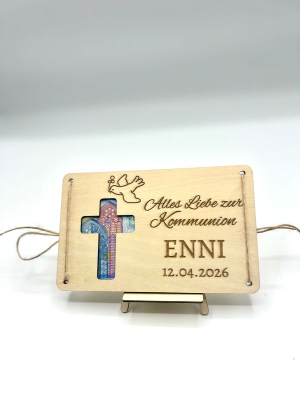 „Alles Liebe zur Kommunion" – liebevolle Holzkarte für Geldgeschenke zur Kommunion - personalisierbar