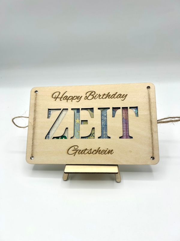 „Happy Birthday" – liebevolle Holzkarte für Gutscheine und Geld - personalisierbar