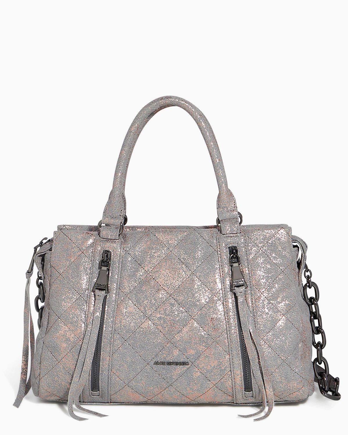 Maven Quilted Convertible Satchel: Rose Gold Distressed Denim