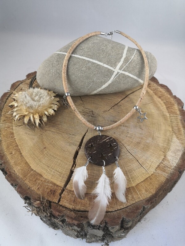 Collier en liège et bois de coco "ciel étoilé"