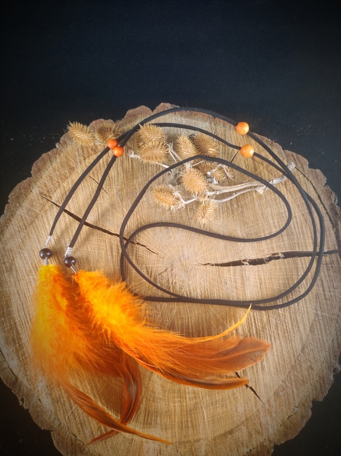 Sautoir plumes de coq orange