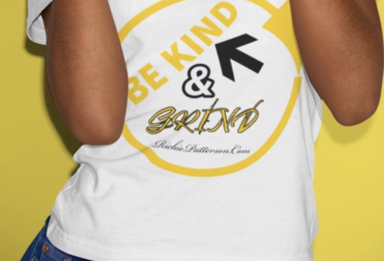 White &amp; Yellow BE KIND &amp; GRIND Tshirt  (SIZES SMALL-2XL)