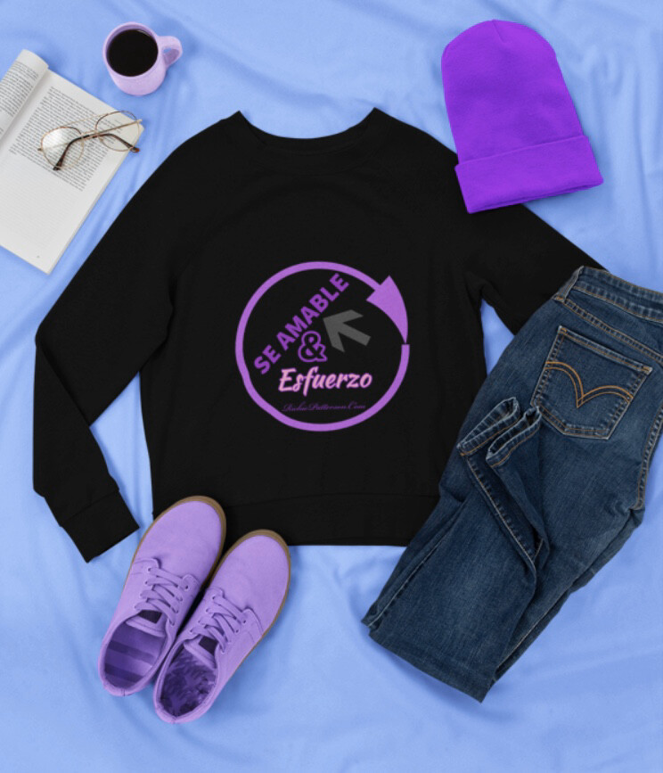 Espanol Black &amp; Purple BE KIND &amp; GRIND Se Amable &amp; Esfuerzo CREW  (SIZES SMALL-2XL)