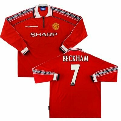 Manchester United Home Long Sleeve Retro Jersey Beckham #7 Print(Replica) 1998-2000