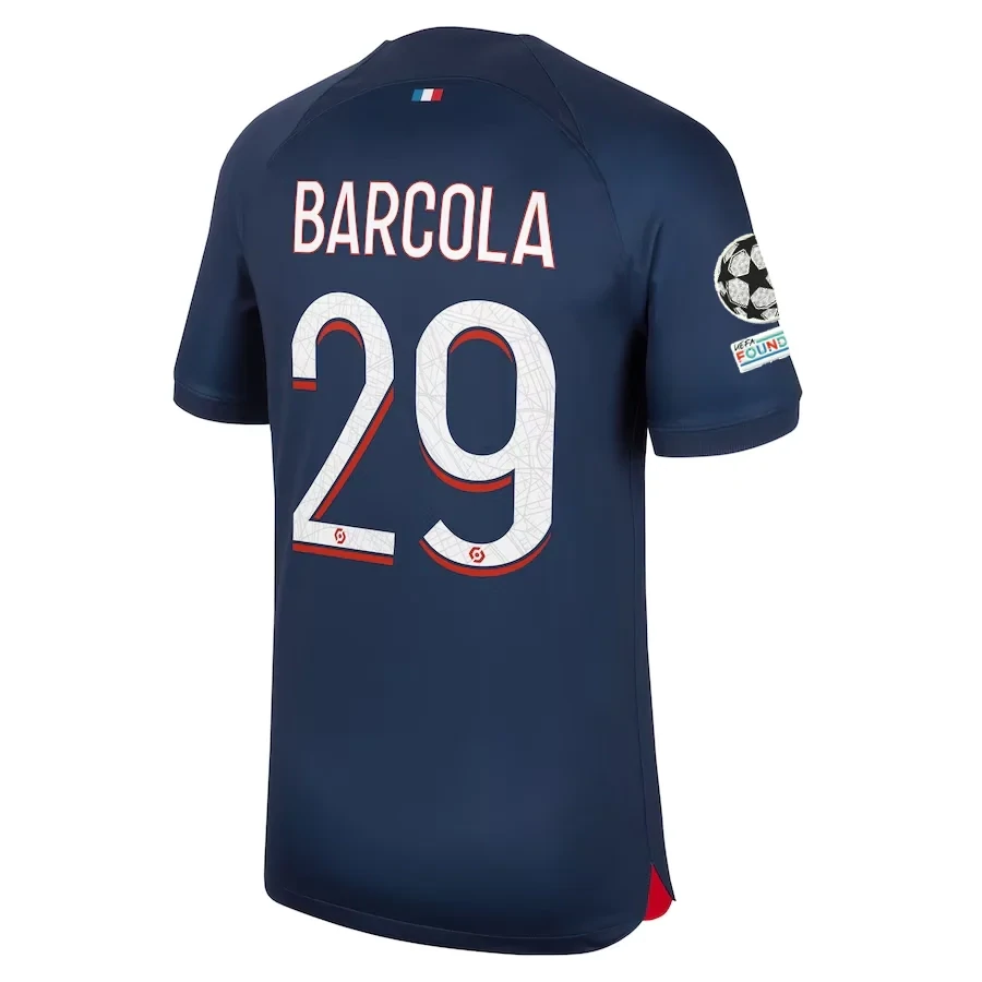 PSG Bradley Barcola Home Jersey 2023/2024 With Champions League Patches