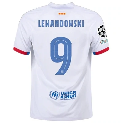 Barcelona Robert Lewandowski Away Jersey 2023/2024 With Champions League Patches
