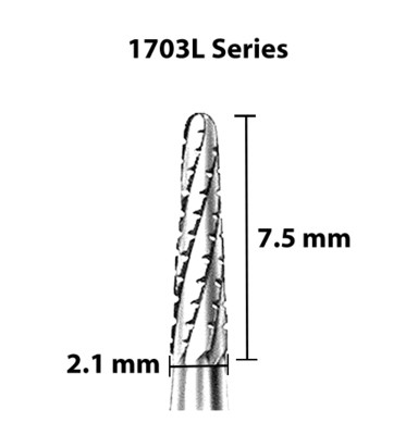 Carbide Bur, US 1703L, 2.1mm dia, Tapered Round End X-cut