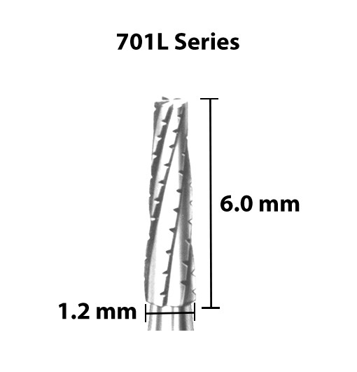 Carbide Bur, US 701L, 1.2mm dia, Tapered Flat End X-cut