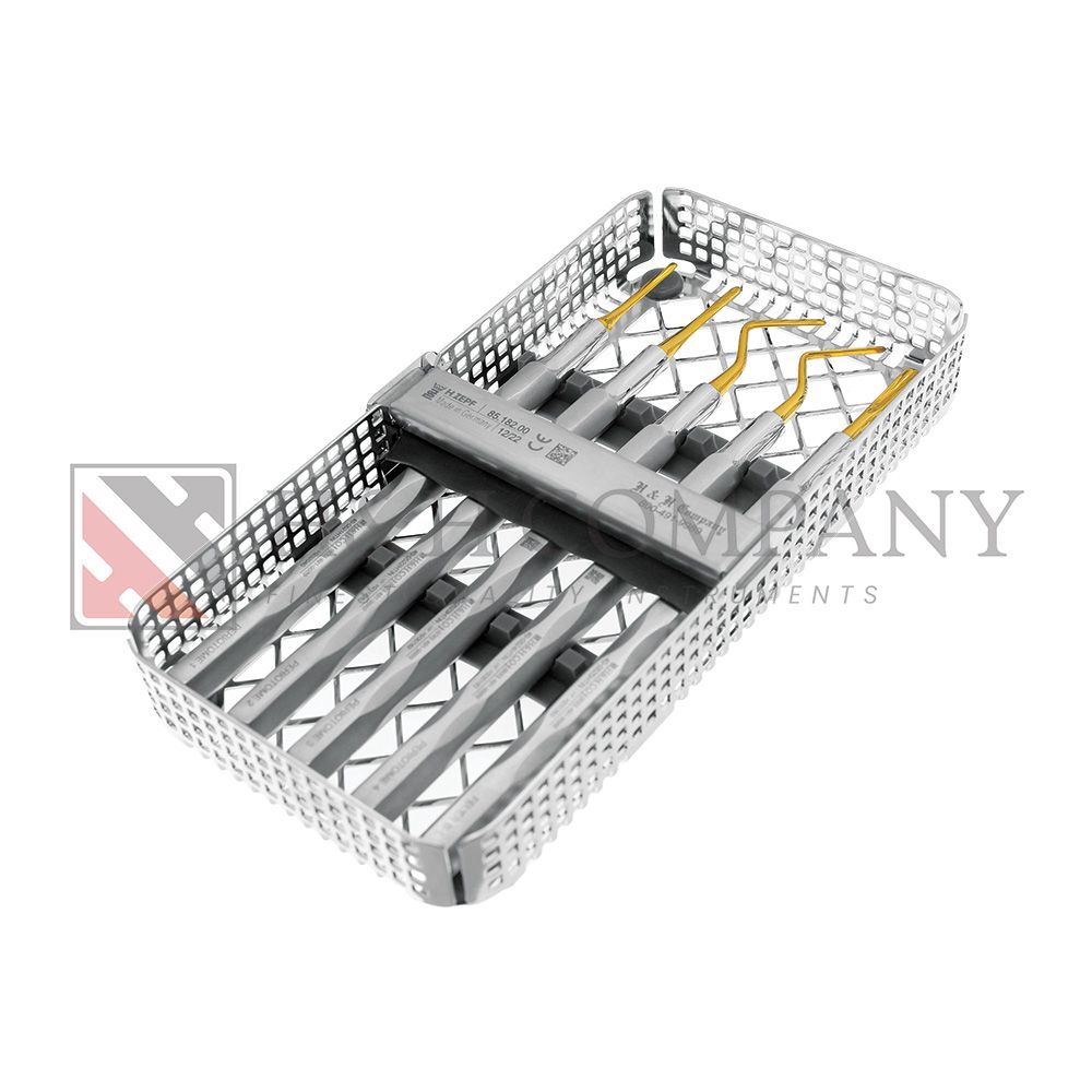 Periotomes #1-4 &amp; Feuer B-L, Handform Handles, Titanium Nitride Coated Tips, With Cassette