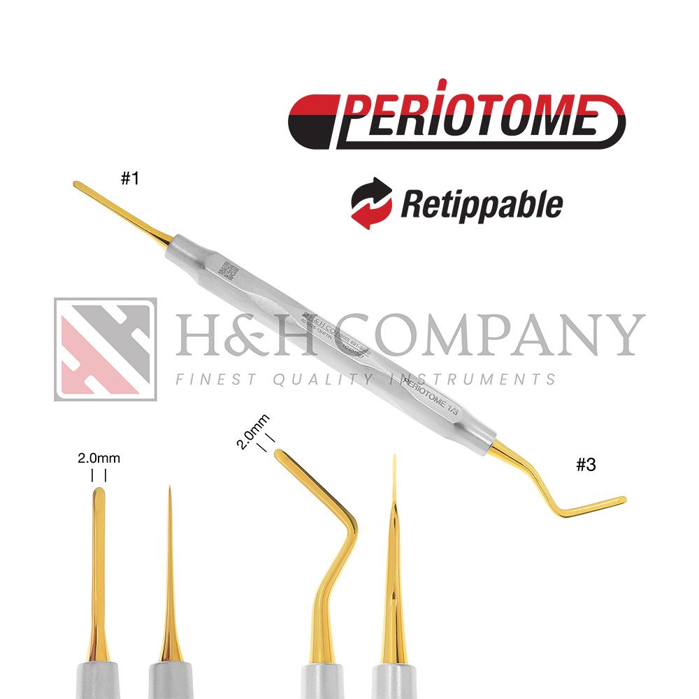 Periotome #1/3 Combination, Titanium Nitride Coated Tip 2.0mm/2.0mm, Double Ended Handform Handle Periotome #1/3 Combination, Titanium Nitride Coated Tip 2.0mm/2.0mm, Double Ended Handform Handle