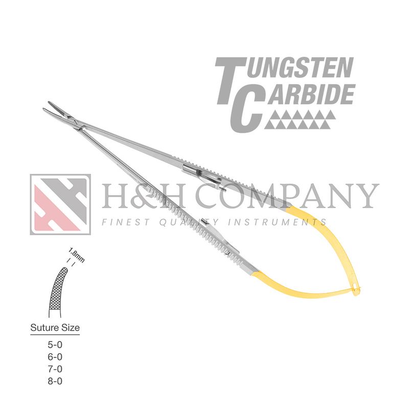 Castroviejo Needle Holder, 1.8mm Tip, Curved, Flat Handle, 7"